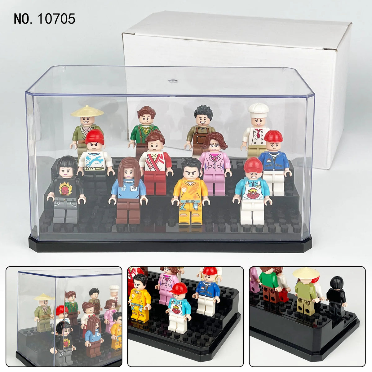 A clear acrylic display case containing various LEGO minifigures and collectibles, shown with an open lid.