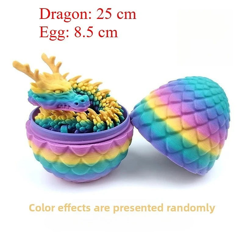 A yellow dragon figurine with an egg is shown next to a purple, textured object.