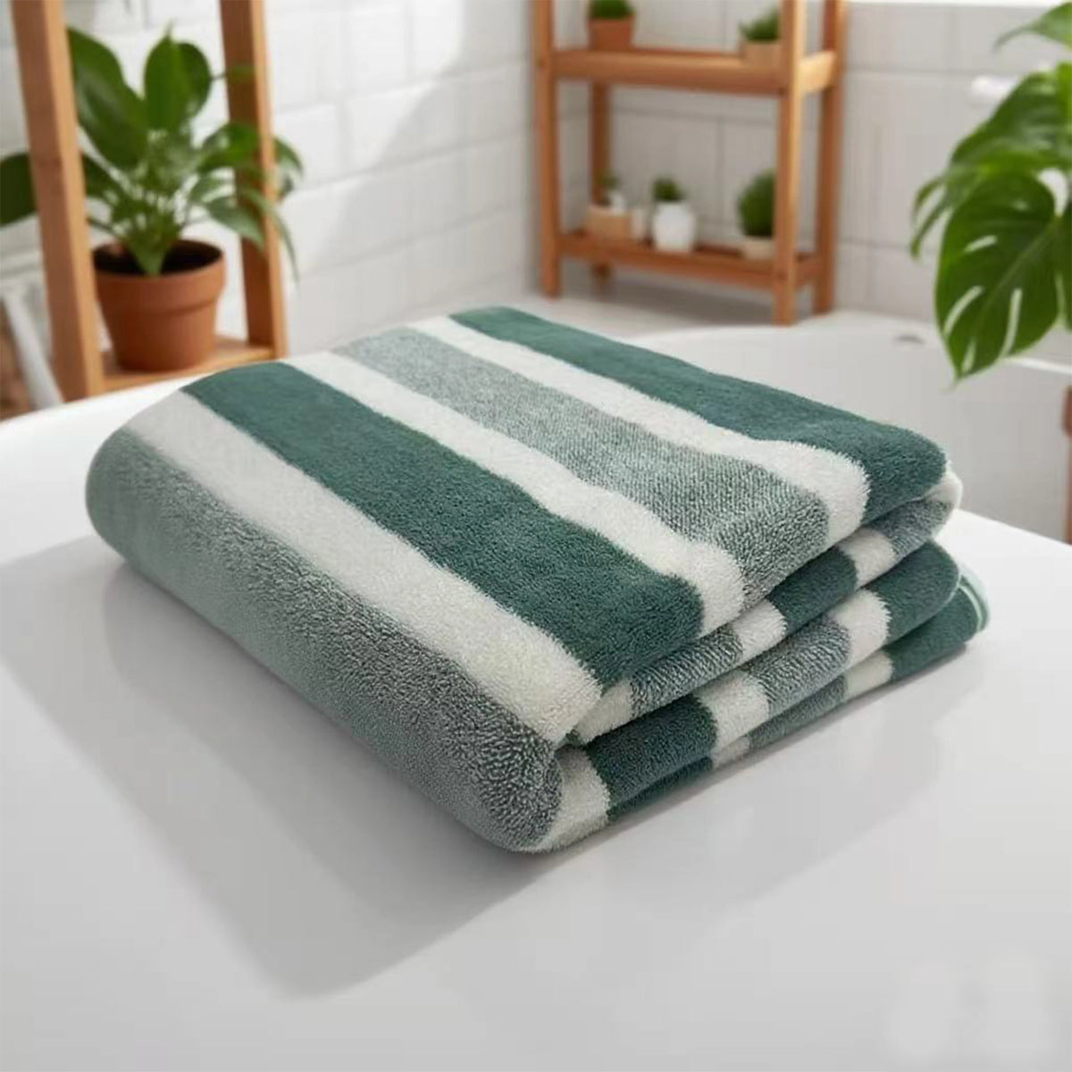 A stack of green and white striped quick-dry bath towels resting on a white surface.
