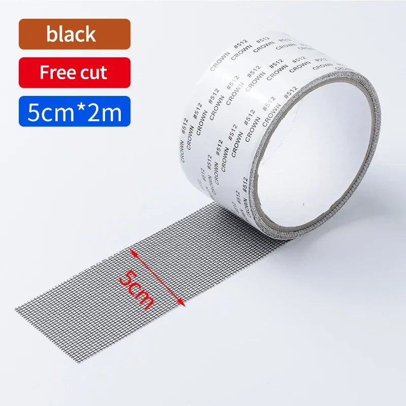 Roll of black free cut self-adhesive mesh repair patches measuring 5cm by 2m