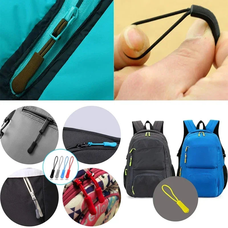 Pack of colorful plastic zipper pulls for bags and luggage shown in various contexts.