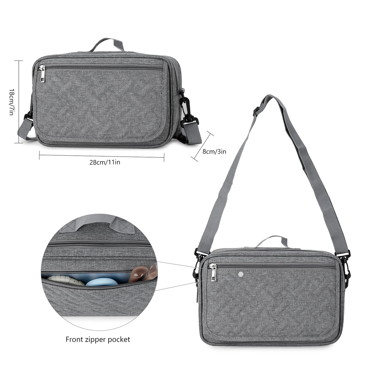 Gray compact stroller diaper bag organizer featuring a front zipper pocket and changing mat.