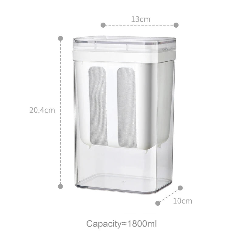 Clear plastic yogurt strainer with a fine mesh filter and measurements shown.