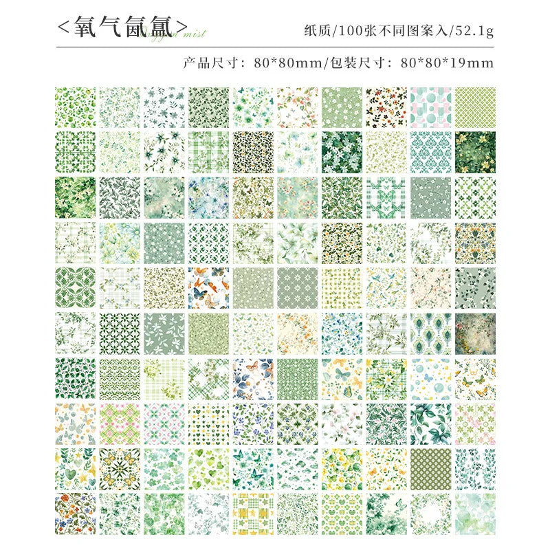 A grid display of assorted vintage floral and botanical patterned scrapbook paper sheets in various shades of green, beige, a