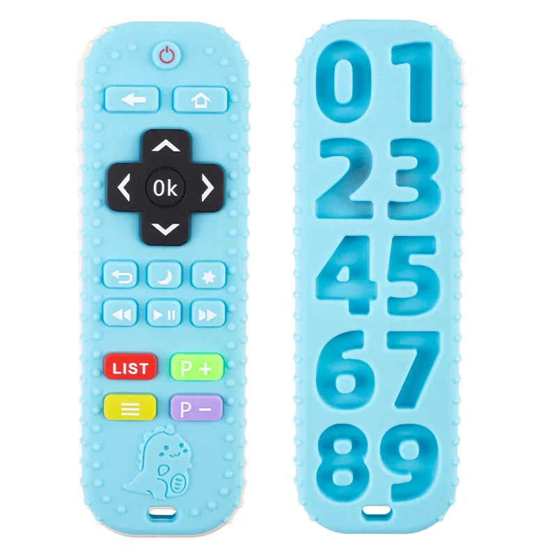 A light blue silicone baby teether toy shaped like a remote control with buttons and numbers