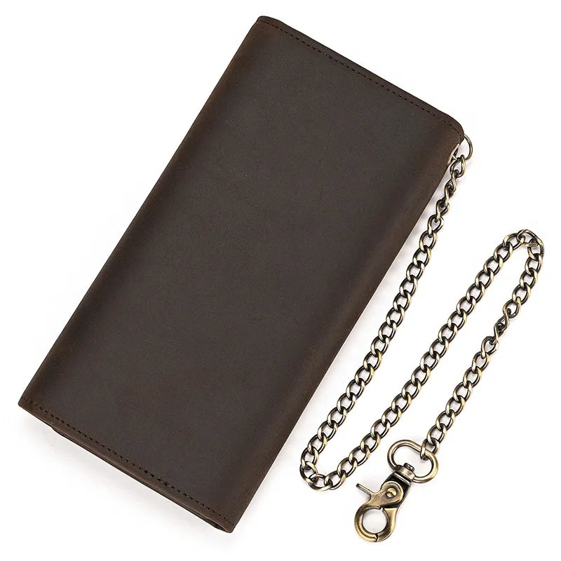 Vintage Leather Bifold Wallet with Metal Chain