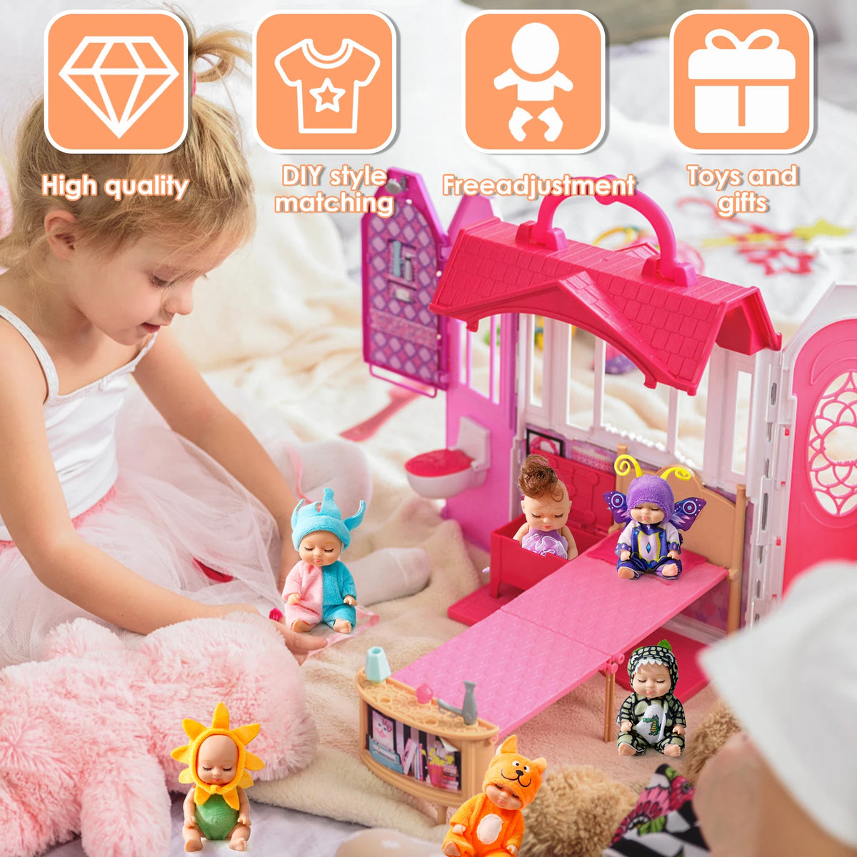 A set of mini reborn baby dolls with outfits and accessories are displayed on a soft blanket.