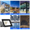 A collection of images showing an IP68 waterproof LED flood light used in various outdoor contexts like a patio, garden, char