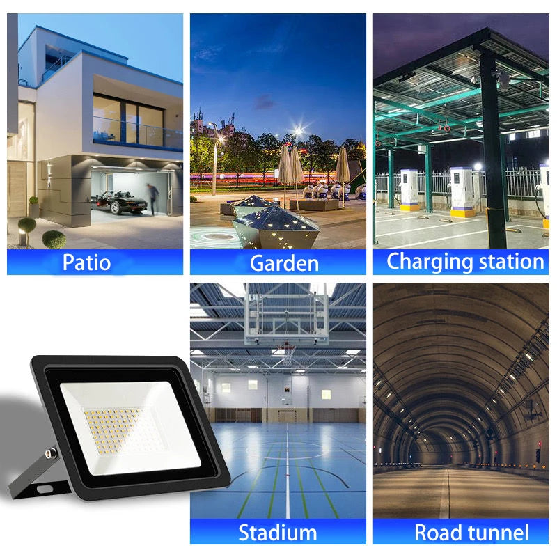 A collection of images showing an IP68 waterproof LED flood light used in various outdoor contexts like a patio, garden, char
