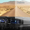 A custom fit dash cover mat is shown installed in a vehicle interior, contrasting the before and after views of a desert land