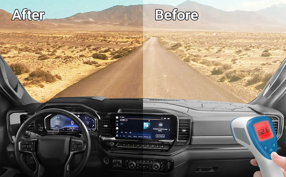 A custom fit dash cover mat is shown installed in a vehicle interior, contrasting the before and after views of a desert land