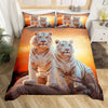A duvet cover set featuring photorealistic images of tigers and cubs in an orange and yellow sunset background.
