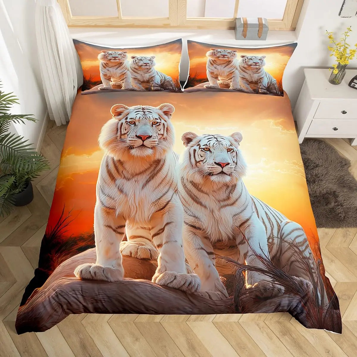 A duvet cover set featuring photorealistic images of tigers and cubs in an orange and yellow sunset background.