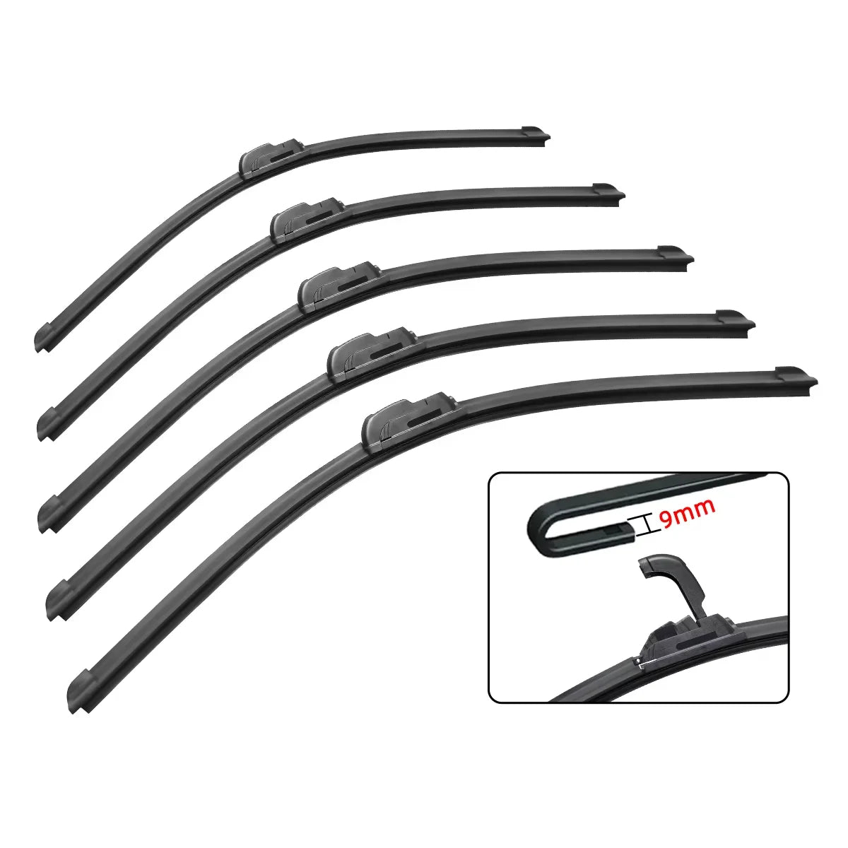 A set of black universal frameless windshield wiper blades.