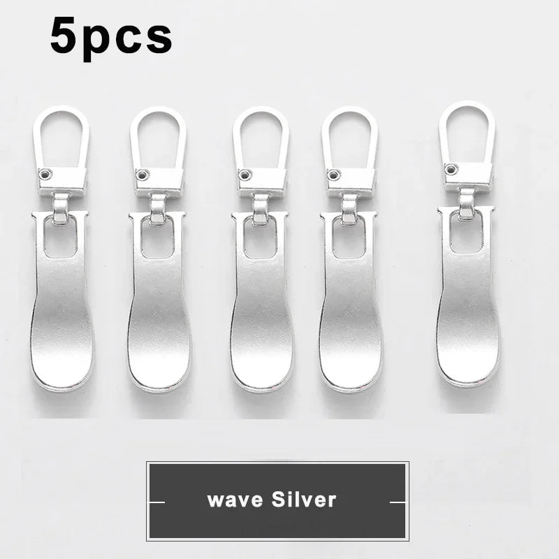 Five silver wave metal zipper pull sliders for luggage, bags, and jackets