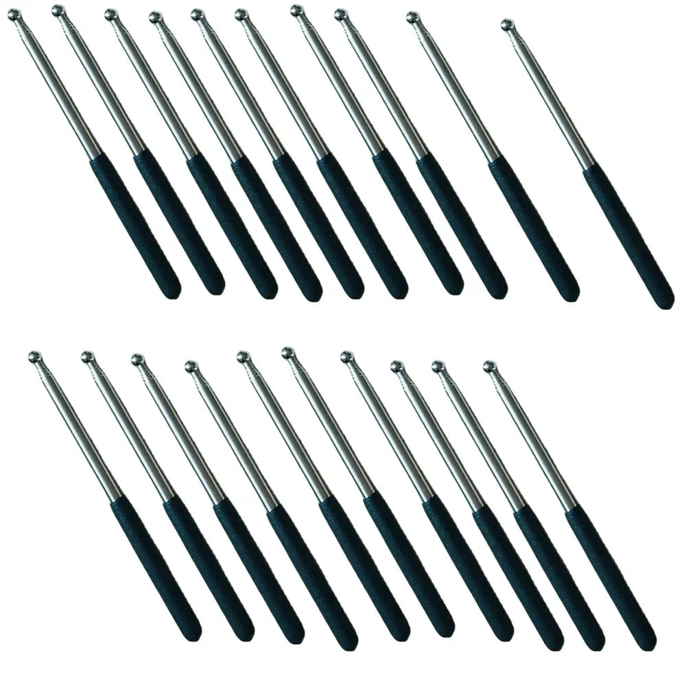A set of stainless steel telescopic teacher pointers with black grips.
