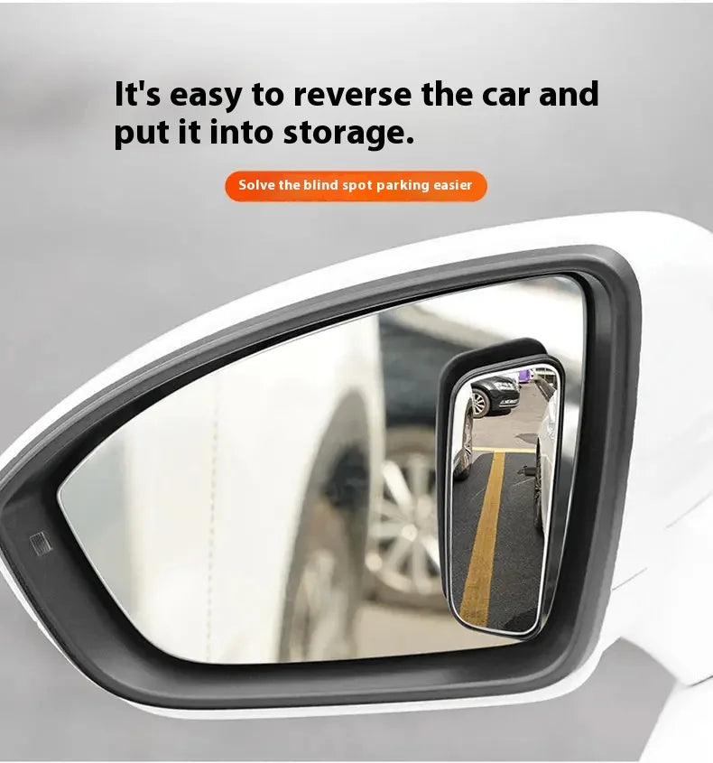 A close-up view of a white car's side mirror showing a reverse view and an interior shot, demonstrating blind spot mirror fun
