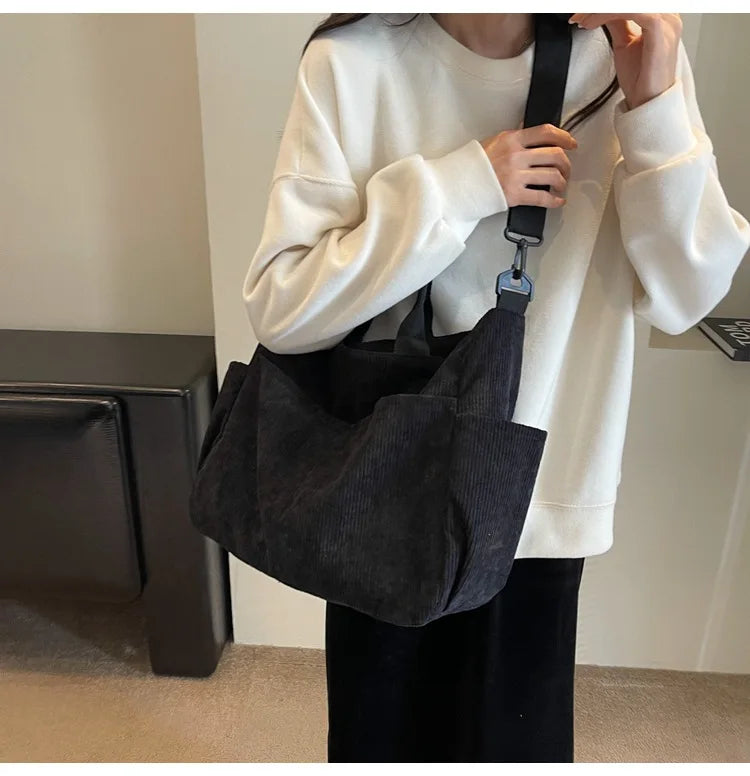 Multi-Pocket Corduroy Tote Bag – Large Capacity Casual Satchel for Travel, Work & Commute
