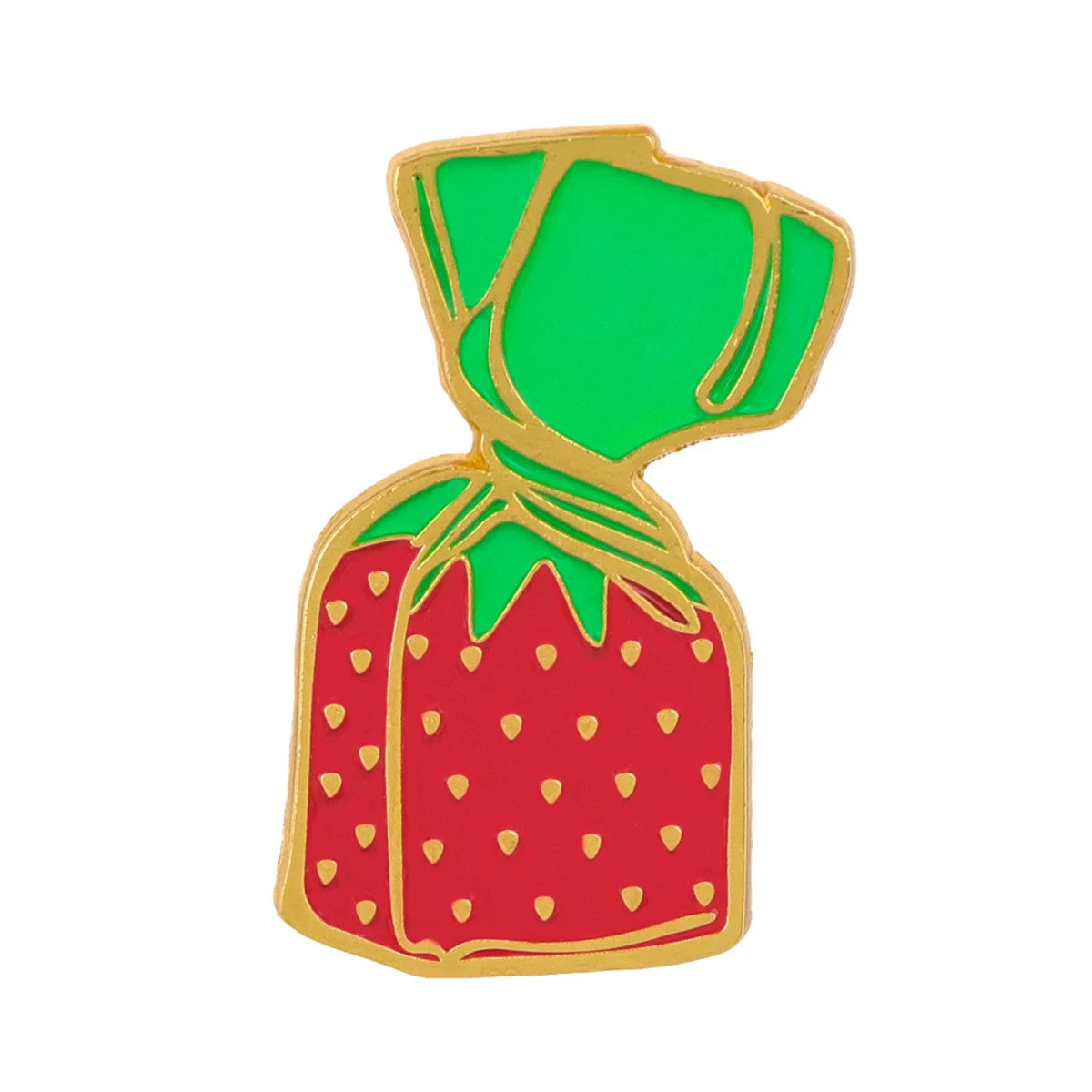 A gold-colored enamel pin shaped like a strawberry with green leaves and a red body.