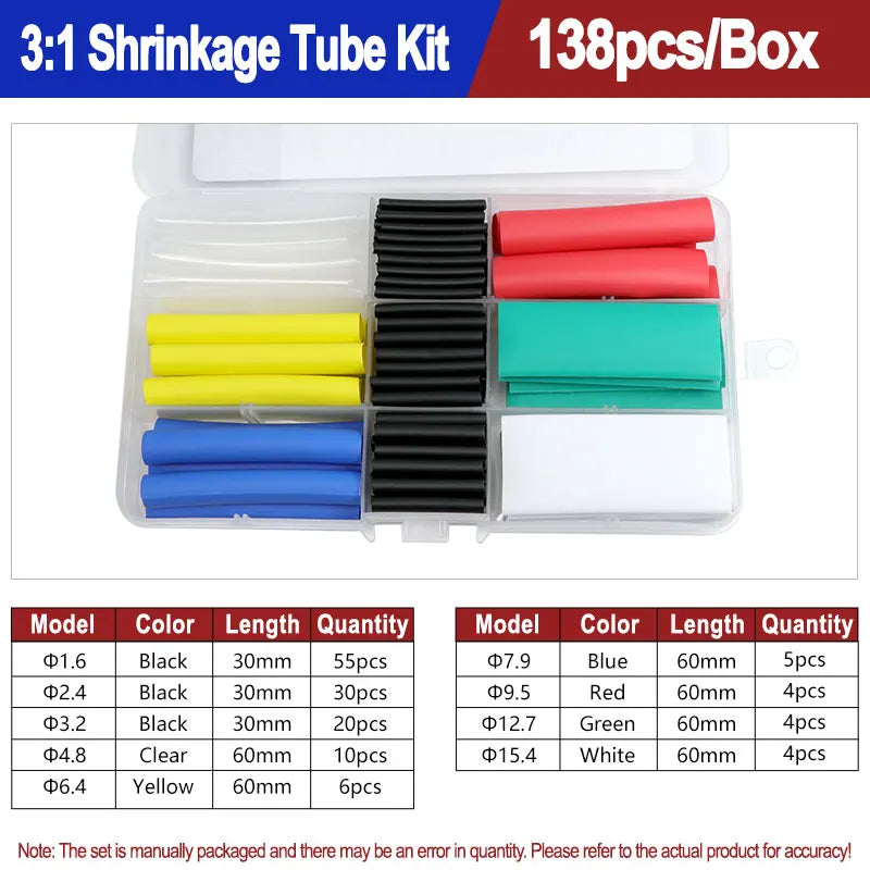 A box containing a heat shrink tubing kit with various colors and lengths including black, yellow, blue, red, green, and whit