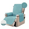 Light blue waterproof non-slip recliner sofa cover with side pockets shown on a beige recliner chair.