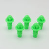 A set of five bright green replacement drivers for a battling top, packaged together.