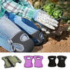 A set of soft foam kneepads in various colors including green, purple, and black shown next to a person gardening.