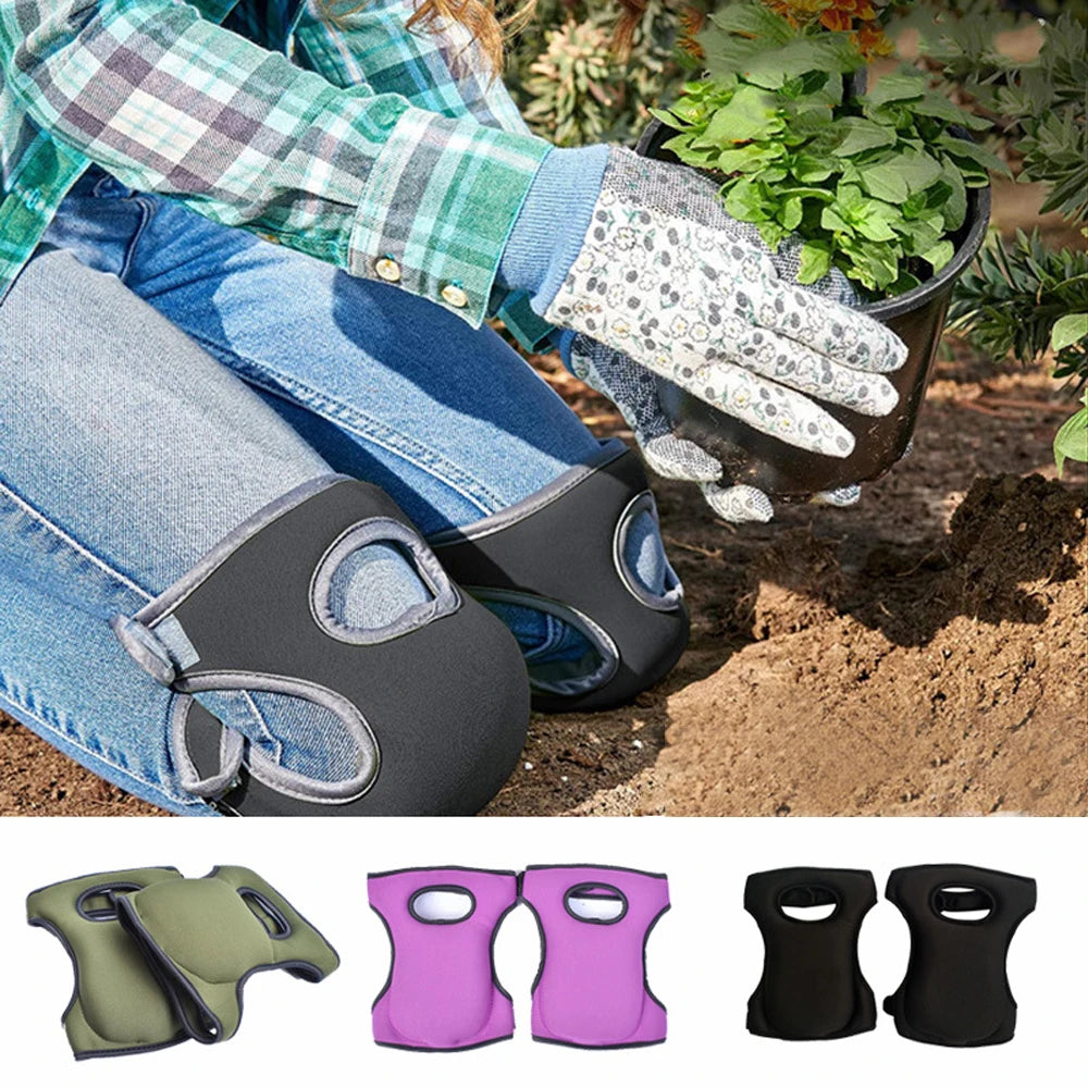 A set of soft foam kneepads in various colors including green, purple, and black shown next to a person gardening.