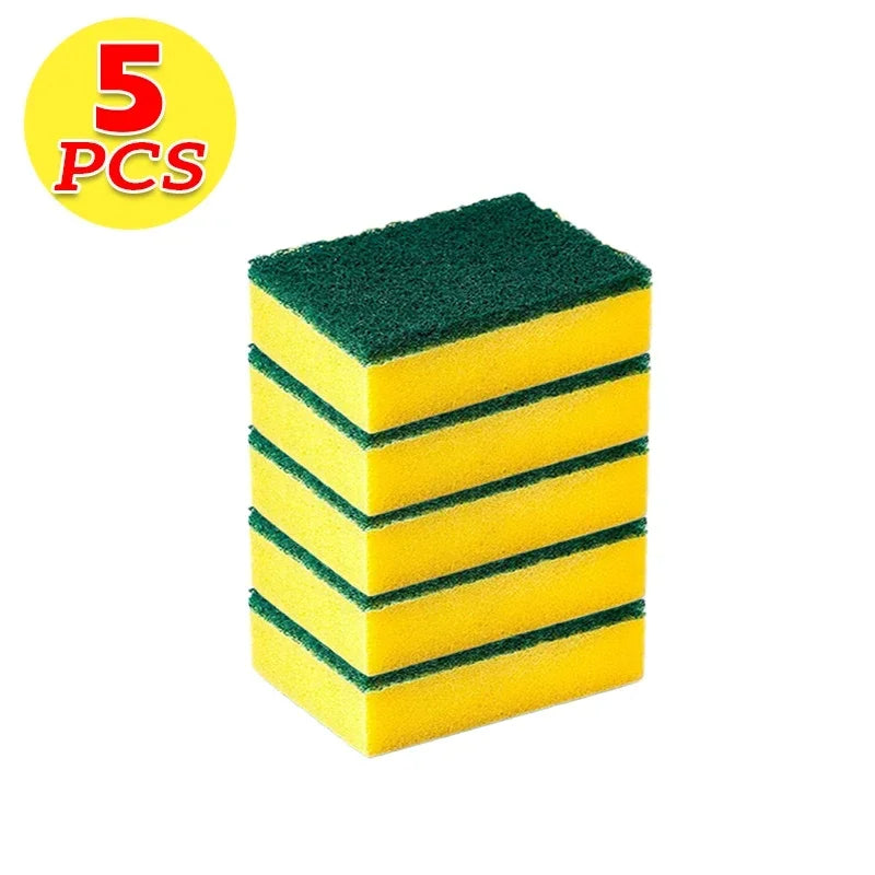 Five green and yellow reusable double-sided cleaning sponges stacked in a rectangular shape.