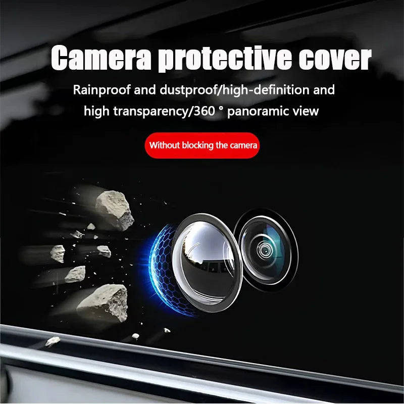 A camera protective cover is shown on a car window, highlighting its waterproof and high-definition features.