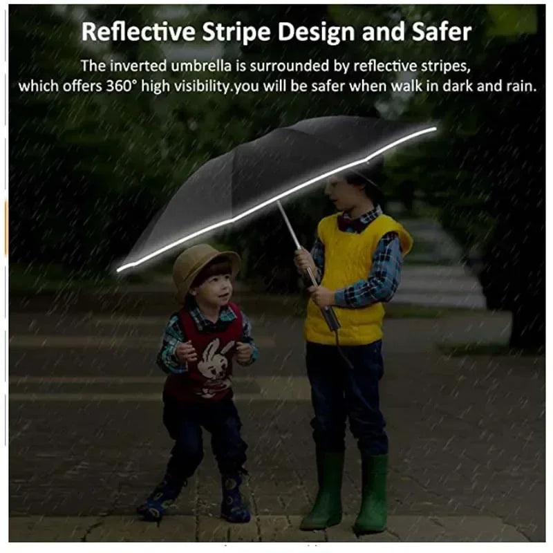 A child holds a reflective stripe design umbrella in the rain, demonstrating 360 degree high visibility.