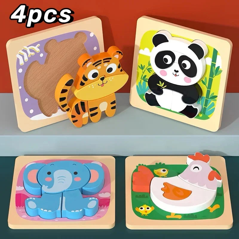 A set of four wooden puzzles featuring cartoon animals like a tiger, panda, elephant, and chicken.