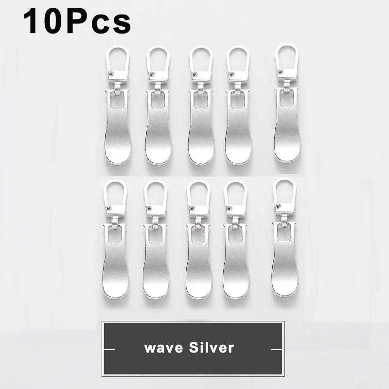 Ten silver metal zipper pull sliders for luggage, bags, and jackets.