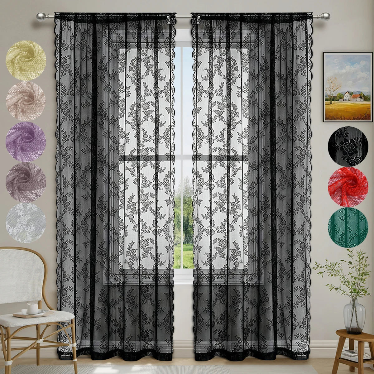 Romantic Lace Sheer Curtain with Floral Design