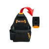 Black heavy duty electrician tool pouch with an orange arrow pointing upwards