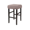 A square bar stool featuring a beige woven fabric slipcover with an elastic edge.