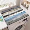 A close-up of a wood grain waterproof washer and dryer mat installed inside a white washing machine.