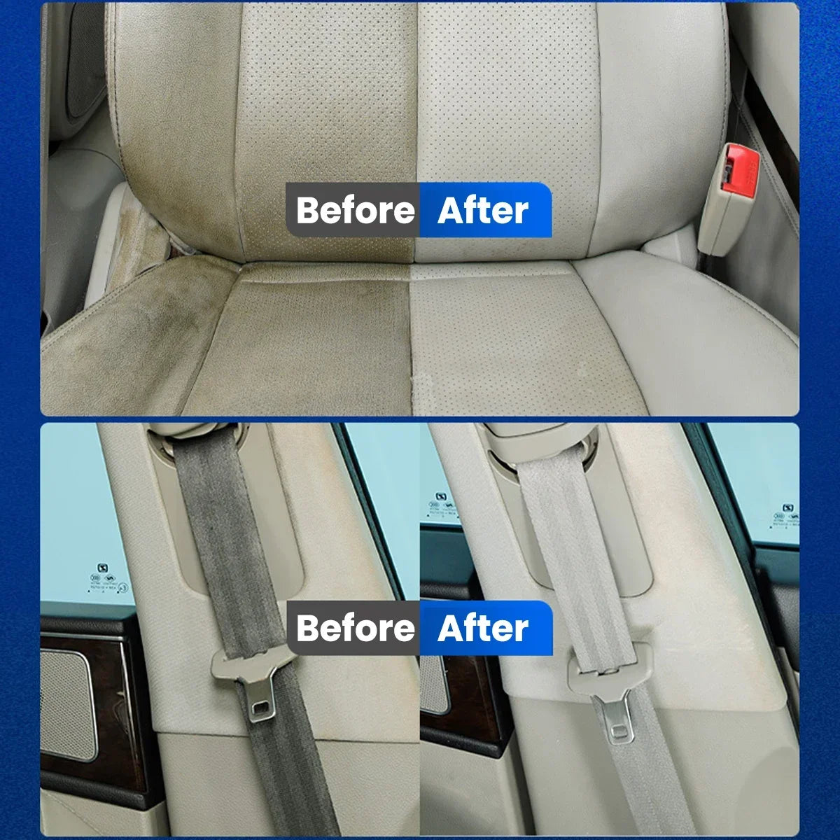 Before and after comparison showing a car interior cleaner removing stains from upholstery and seatbelt material.