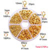 Jewelry making kit containing gold jump rings, lobster clasps, and crimps in various sizes and quantities.