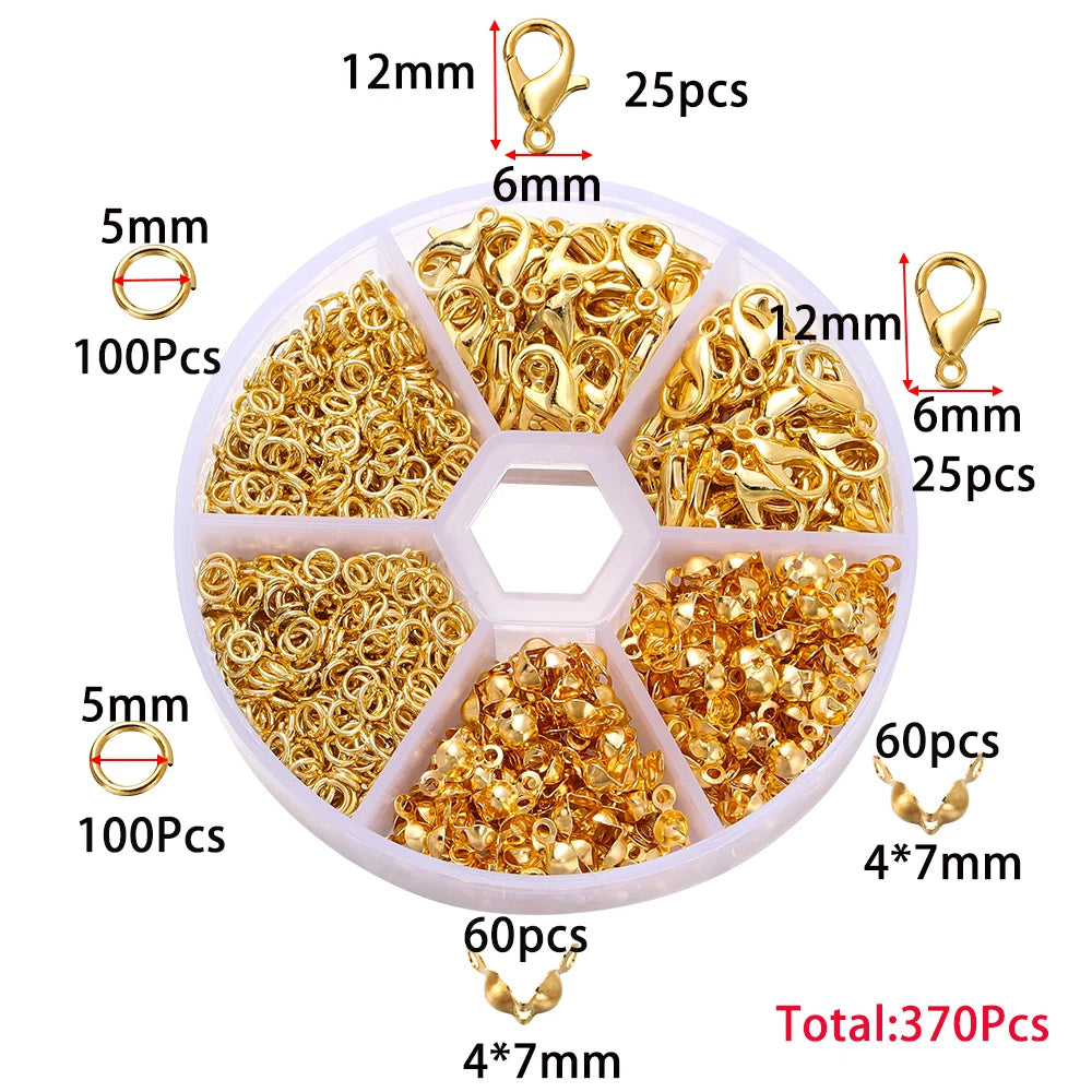 Jewelry making kit containing gold jump rings, lobster clasps, and crimps in various sizes and quantities.