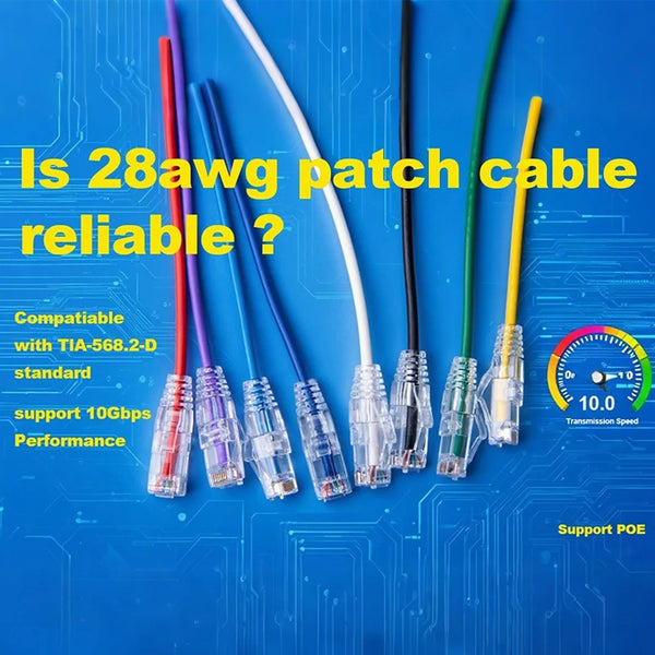 A set of 5 28AWG UTP RJ45 Ethernet patch cables in various colors, including red, blue, white, black, and yellow, displayed o