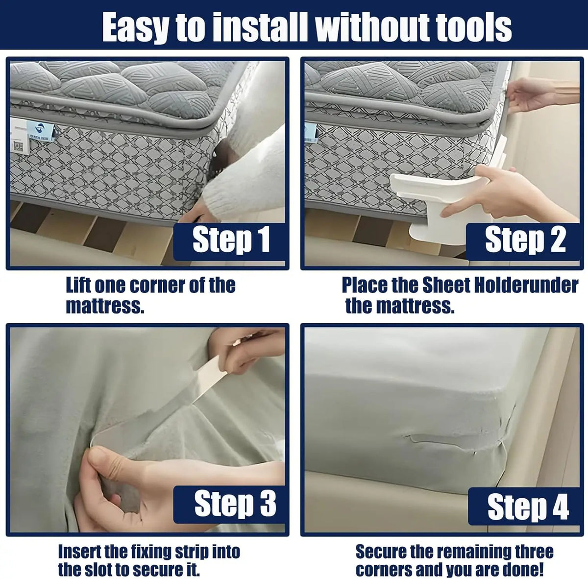 A four-step guide showing how to install bed sheet fixing clips onto a mattress using a sheet holder.