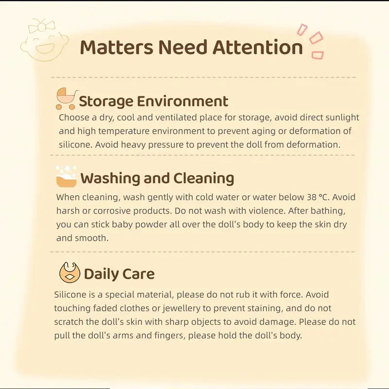 Instructions for caring for a silicone doll covering storage, washing, and daily care.