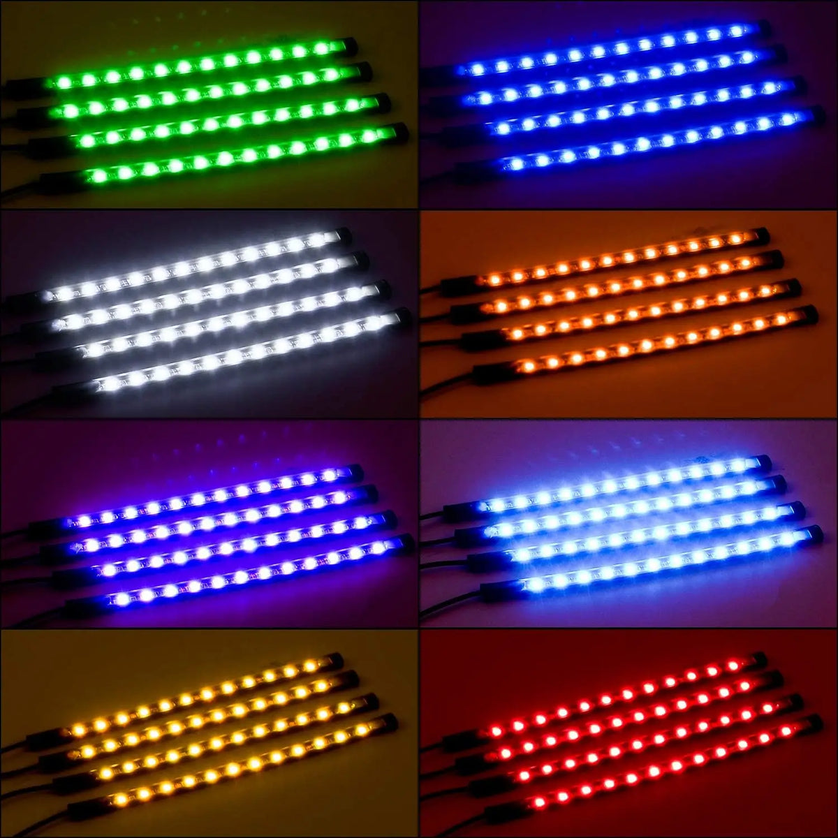 A collection of various colored LED light strips, including green, blue, white, and red, arranged in multiple rows.