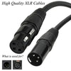 Cable de audio profesional negro de 3 pines XLR con conectores mostrado en detalle.