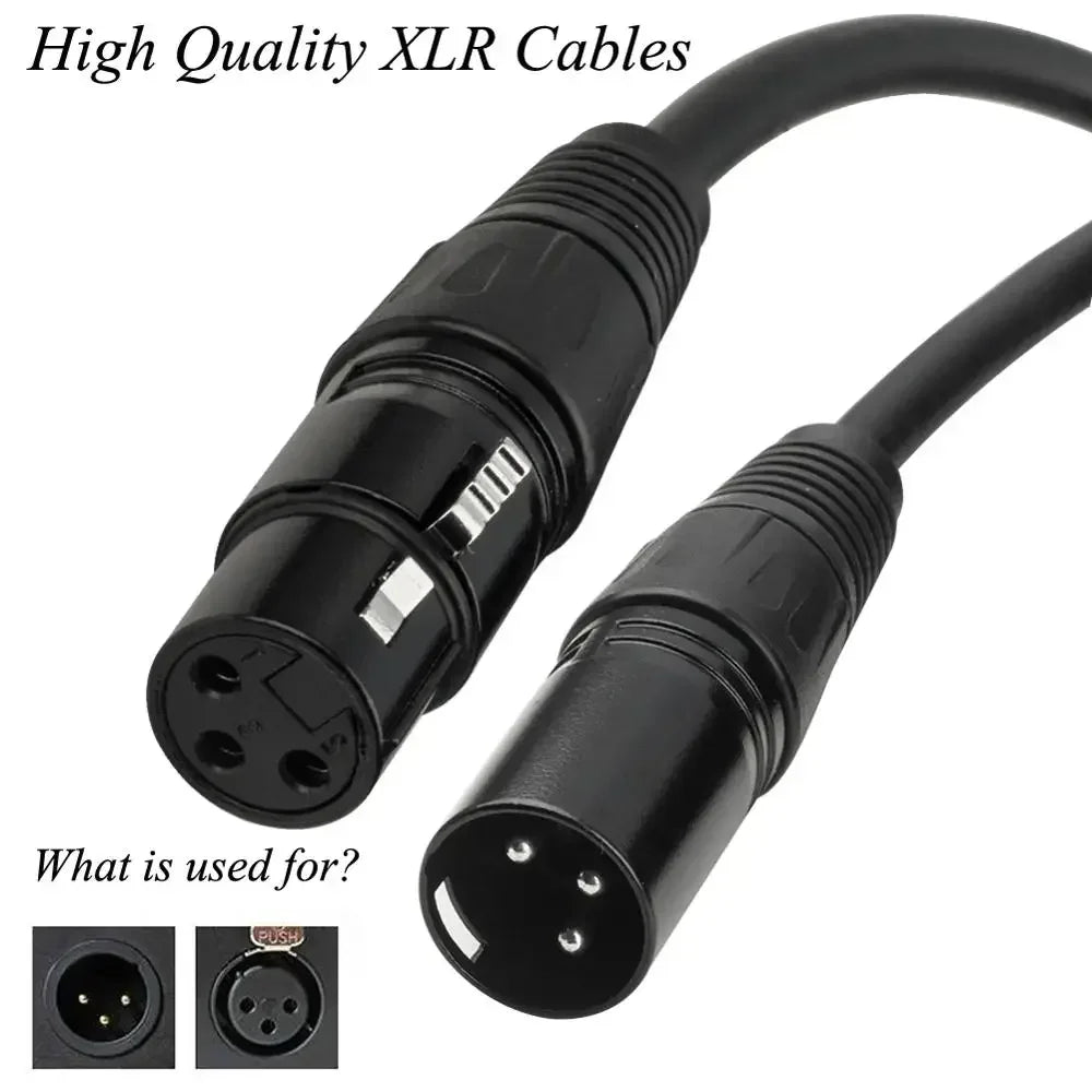 Cable de audio profesional negro de 3 pines XLR con conectores mostrado en detalle.