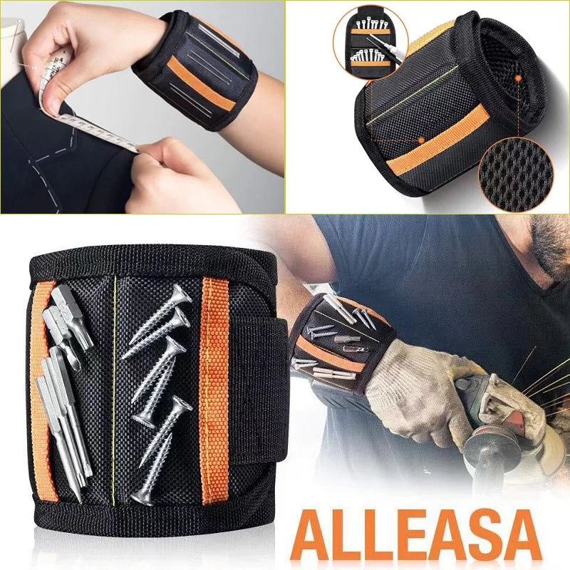 Black magnetic wrist strap for holding screws, nails, and small tools with an orange accent.