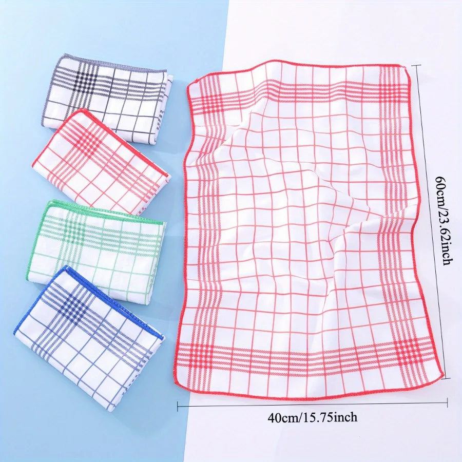 A set of six red and white checkered lint-free kitchen towels are displayed on a white background.
