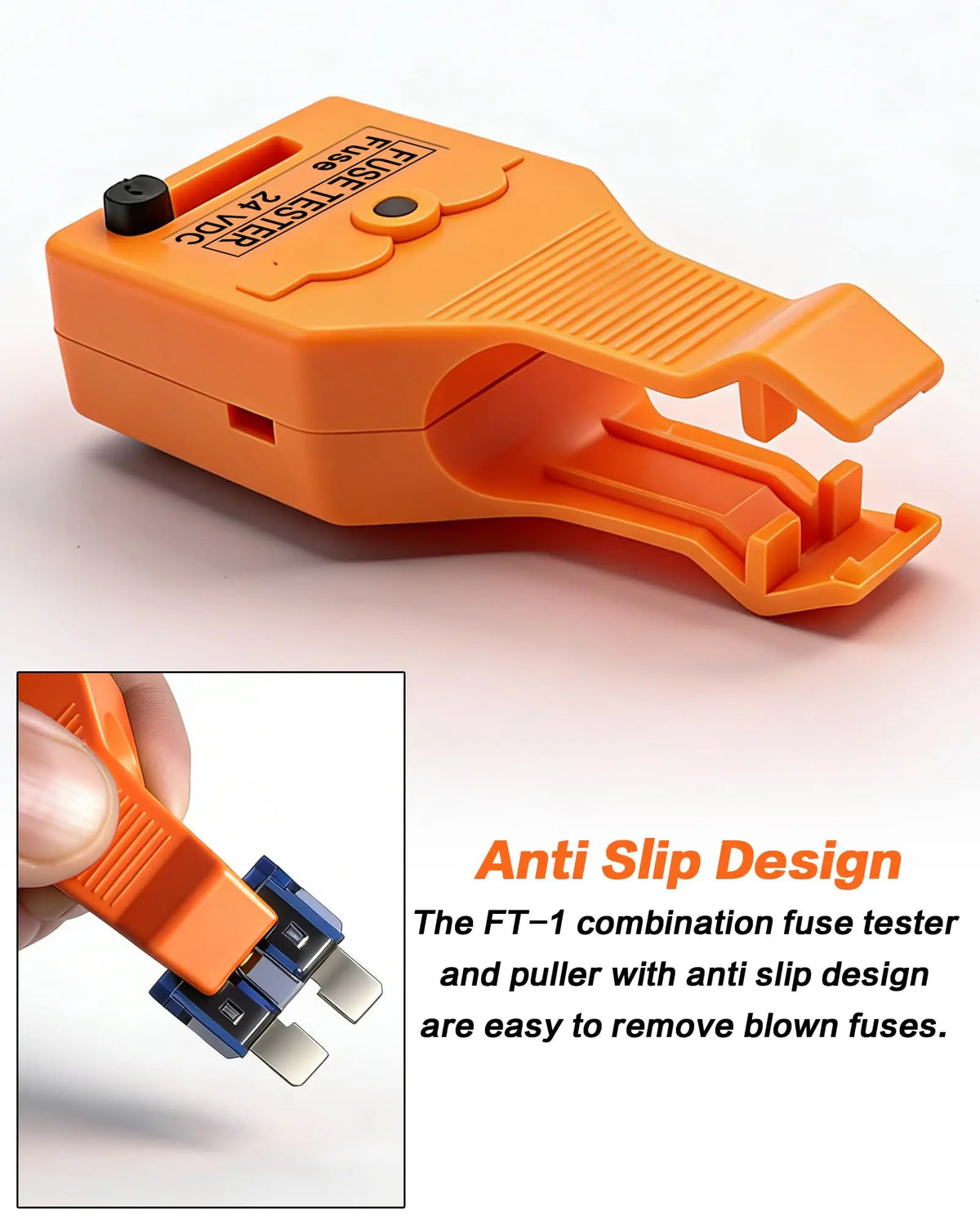 Orange FT-1 combination fuse tester and puller with anti slip design shown in a close-up view