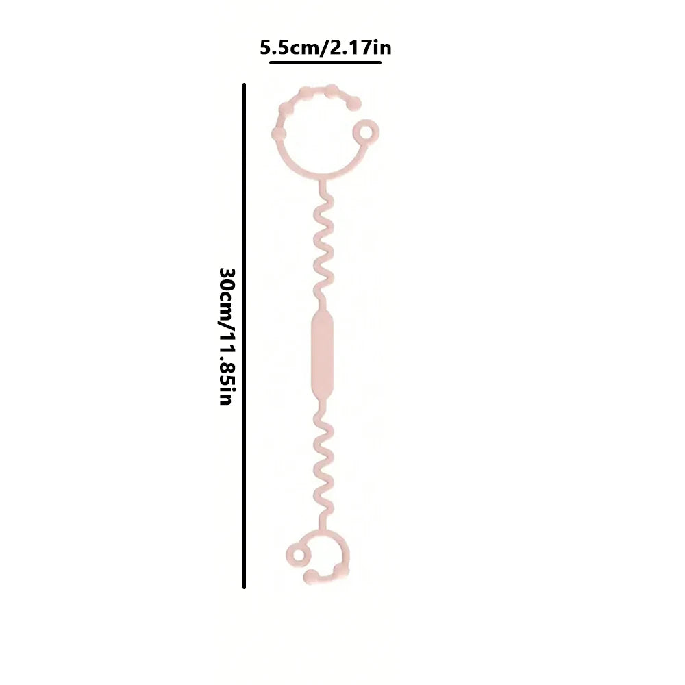 A pink silicone anti-drop pacifier clip with a teether shown against a white background.